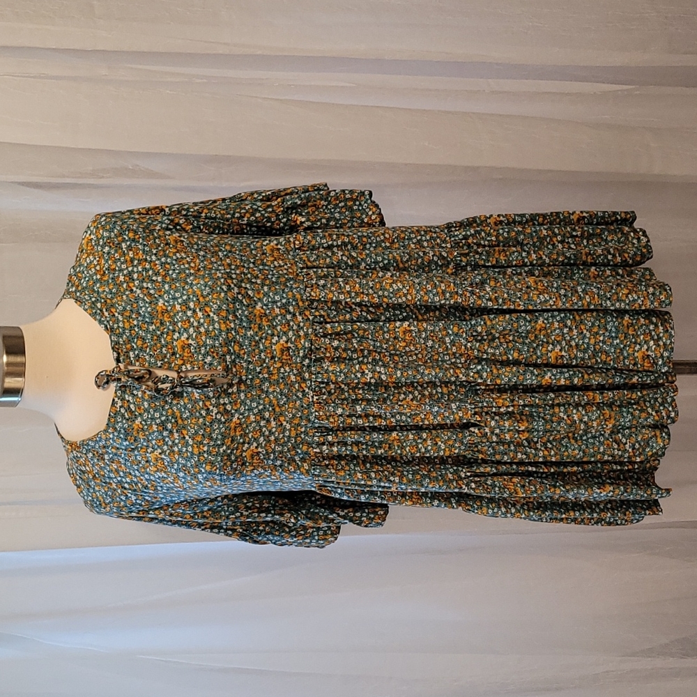 Easel Cottage Core Dress Tunic Ruffled Teal Yellow Large